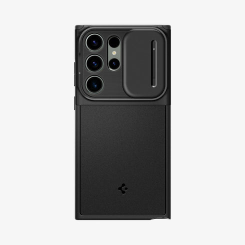 ACS05639 - Galaxy S23 Ultra Case Optik Armor in black showing the back with lens protector slot open